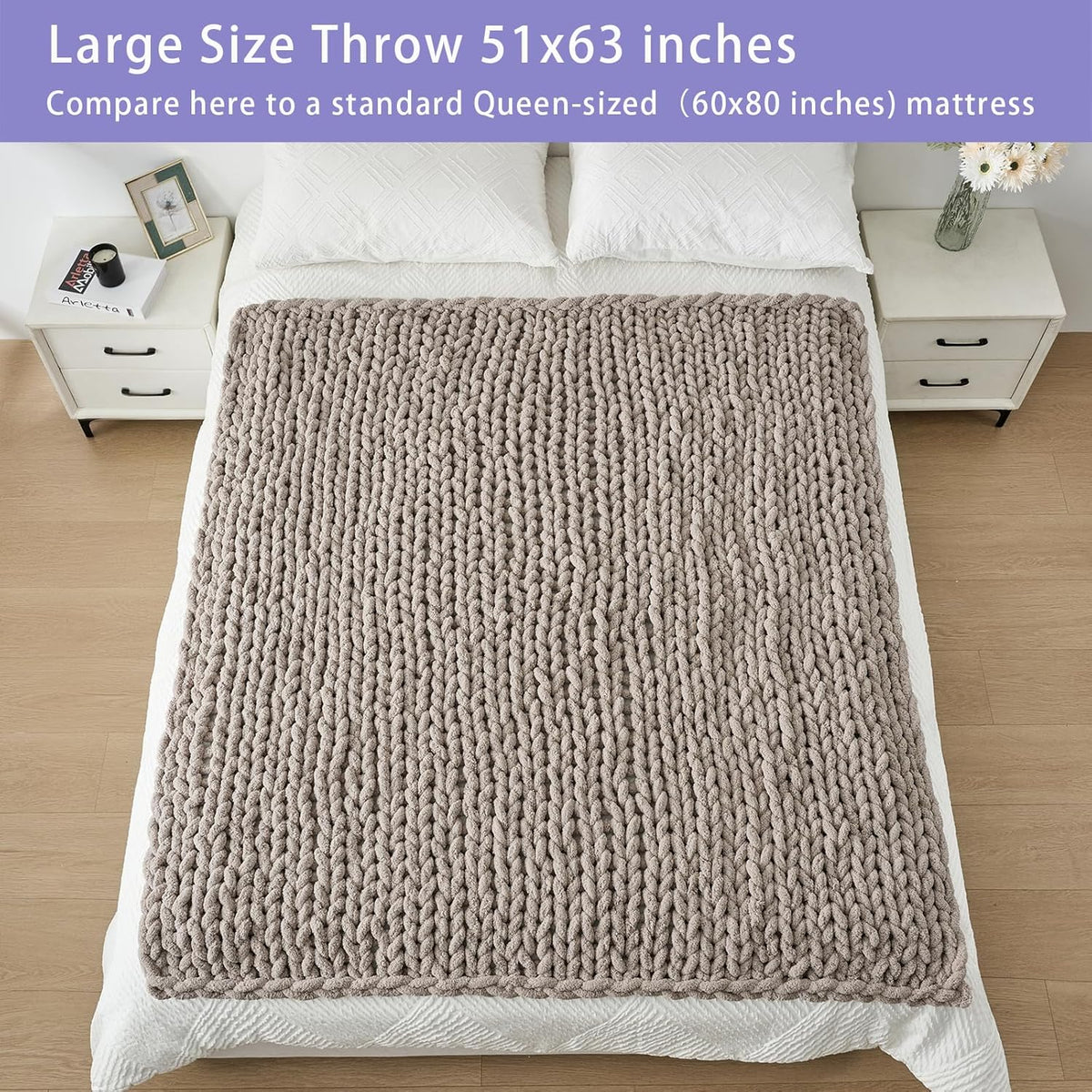 Bigacogo Chunky Knit Throw Blanket for Couch, 51x63 inches, 100% Hand Knitted with Thick Jumbo