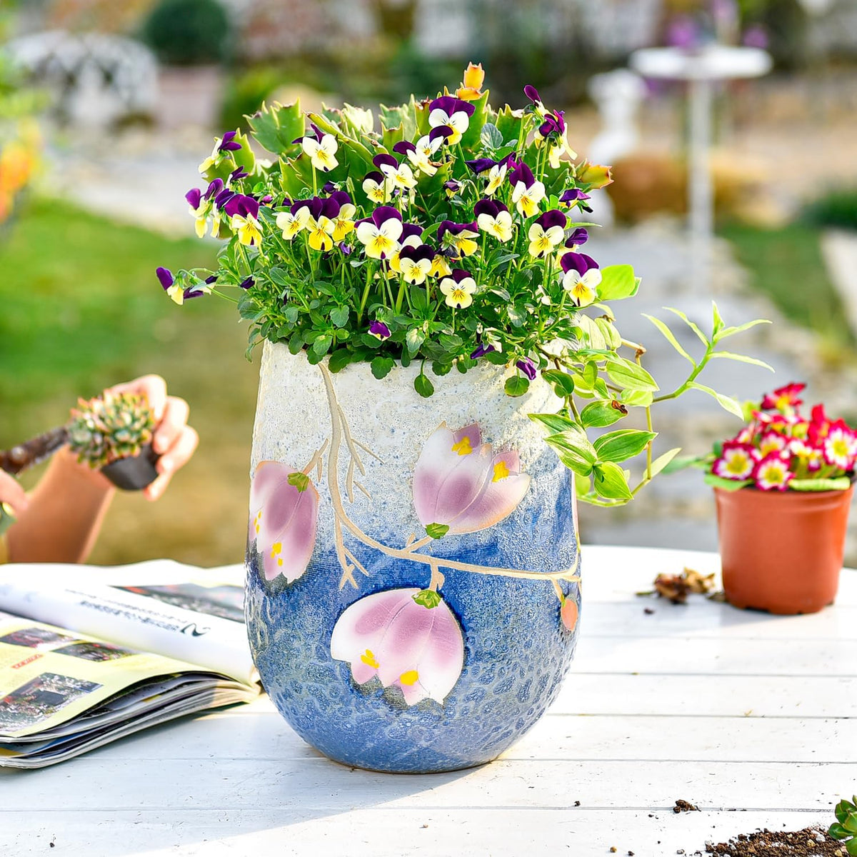 Sungmor 10.6 Inch Ceramic Succulent Plant Pot with Drainage Hole, Hand Painted Flower Pots for