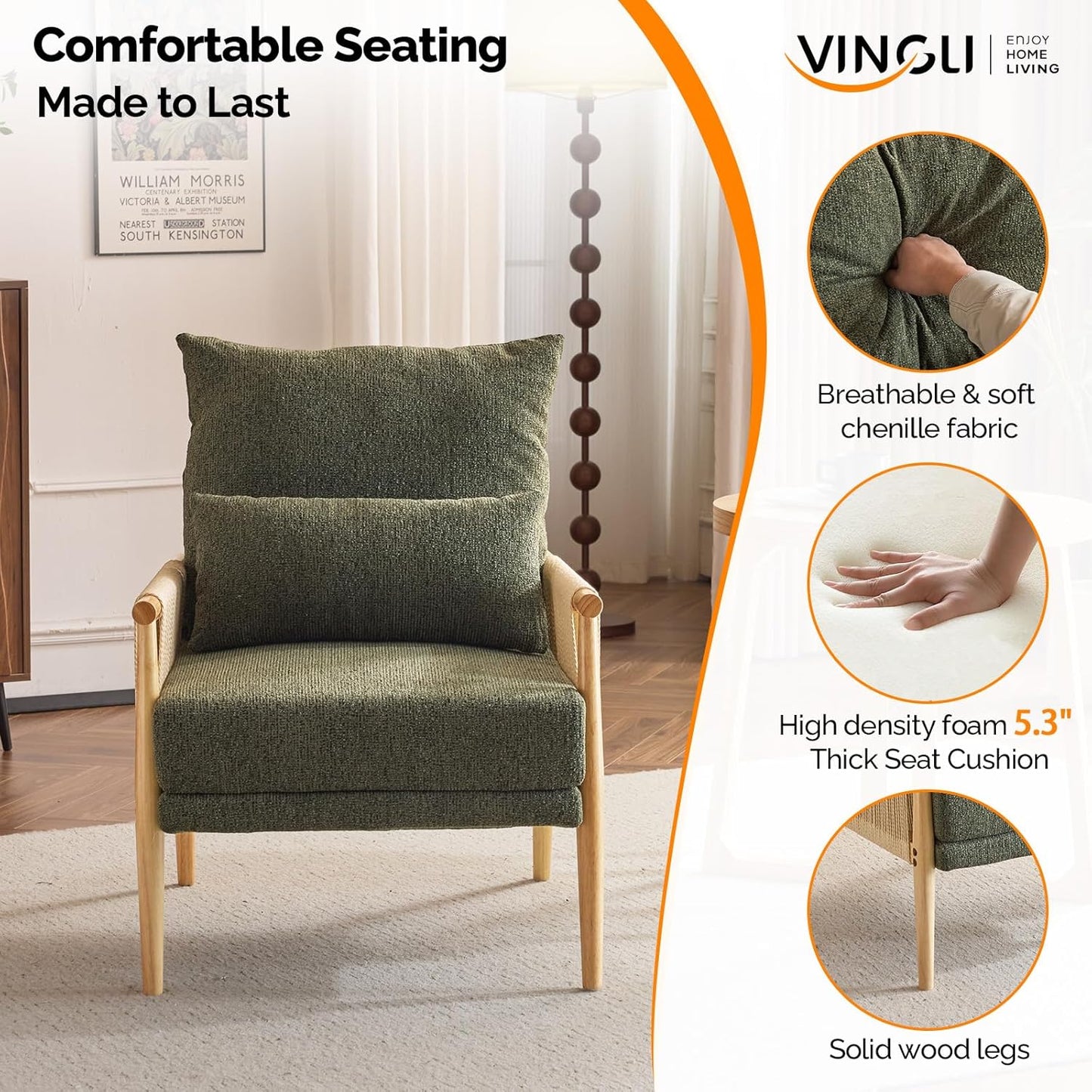 VINGLI Boho Braid Accent Armchairs Set of 2,Mid-Century Modern Chiars with Solid Wooden