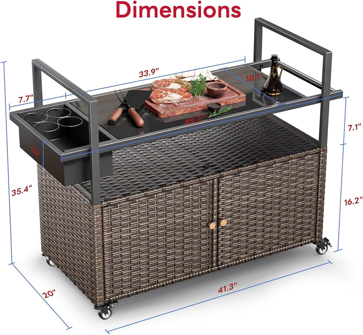Outdoor Bar Cart with Storage Cabinet, Outdoor Grill Cart with Wheels, Rattan Bar Cart with