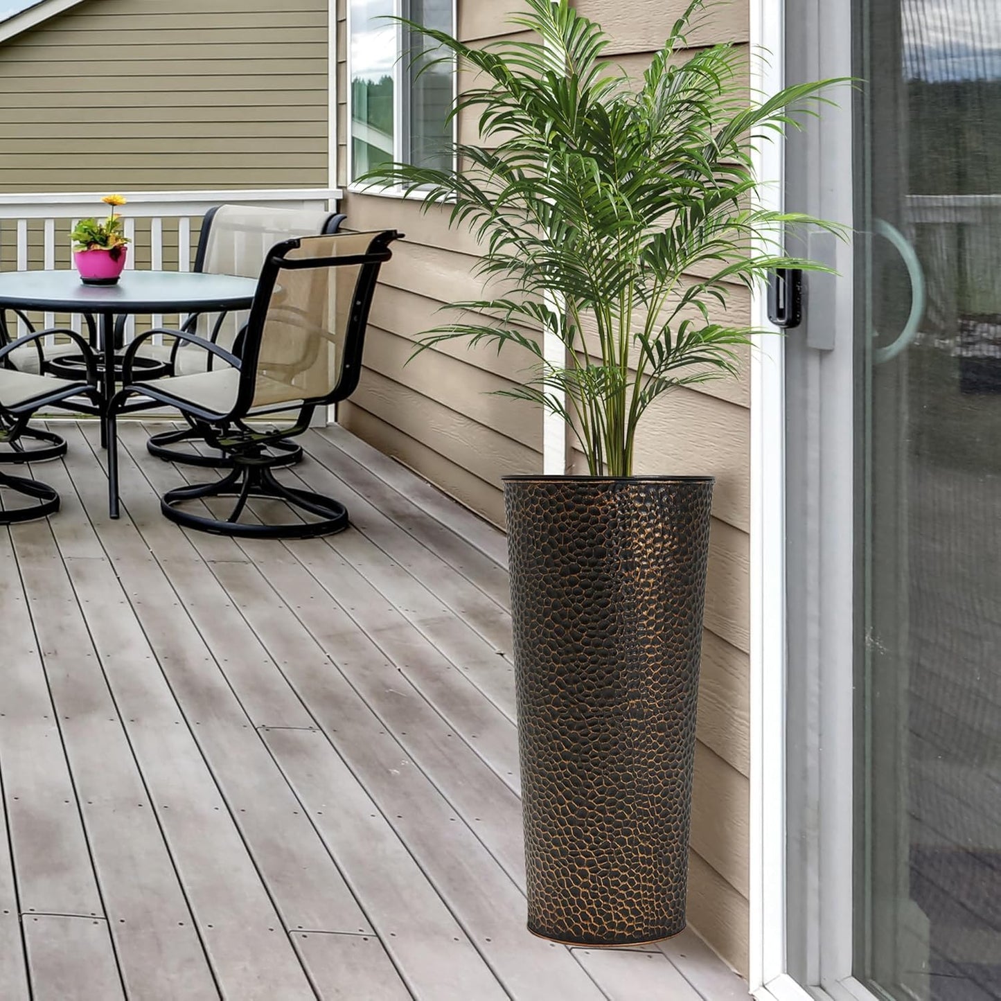 Worth Garden 2-Pack 28" H. Metal Planters with 2X Inside Pots - Hand-Hammered Texture Tall Narrow