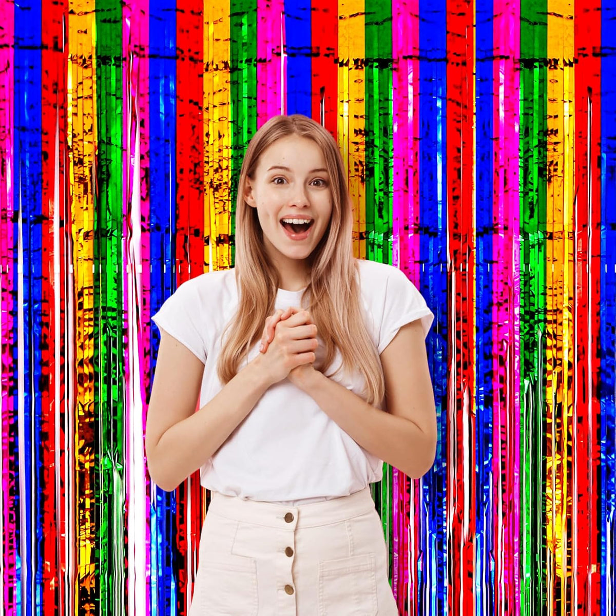 3 Pack 3.3x8.2 Feet Rainbow Foil Fringe Backdrop Curtains, Tinsel Streamers Birthday Party