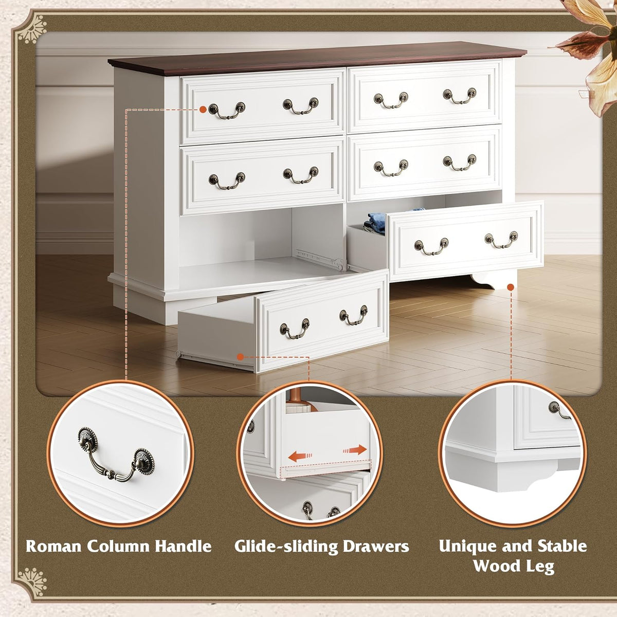 WLIVE Farmhouse Dresser for Bedroom, 51.97'' Wide Wood White Dresser with 6 Drawer, Chest of