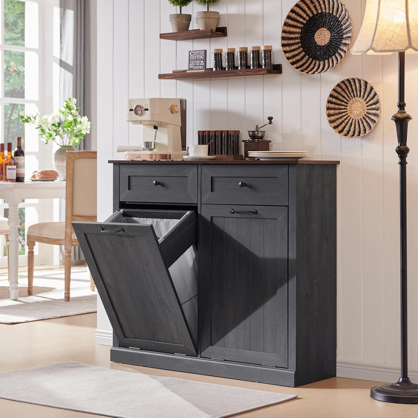 Double Tilt Out Laundry Hamper Cabinet, 20 Gallon Farmhouse Trash Can Cabinet with Drawer, Hidden