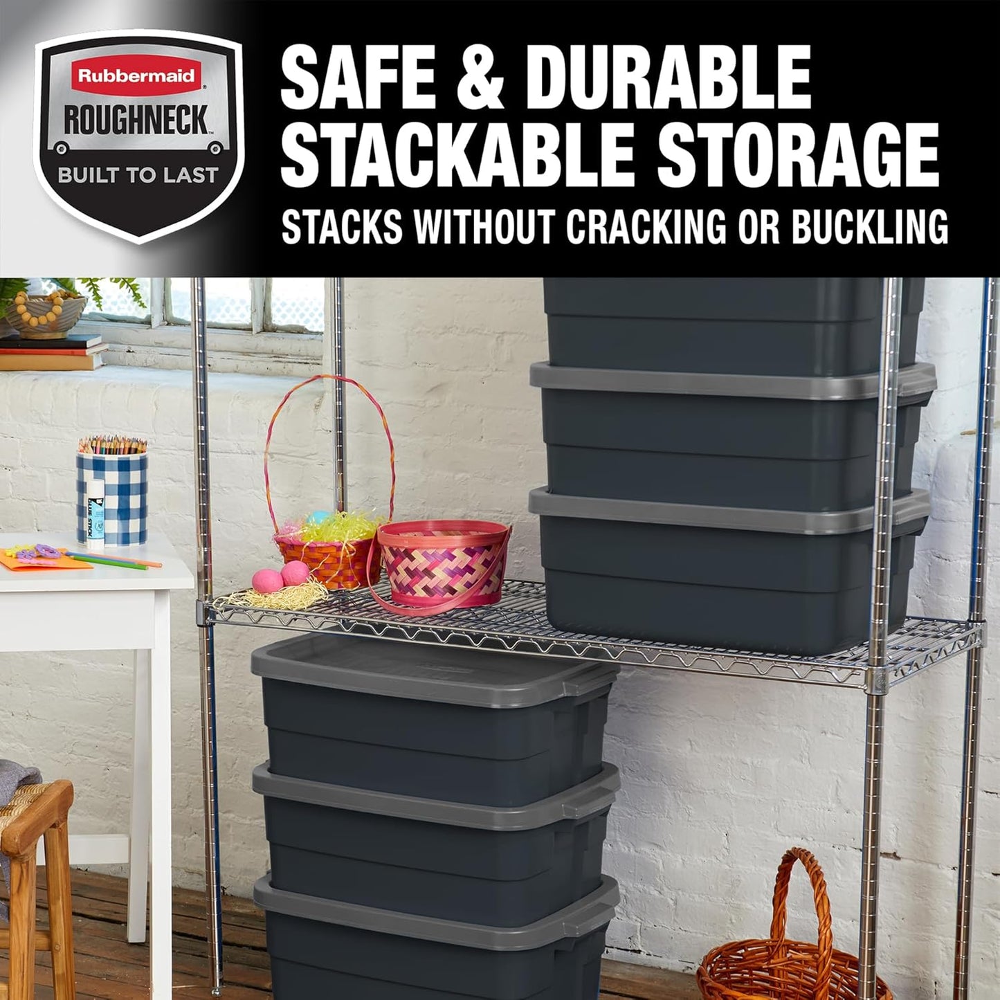 Rubbermaid Roughneck Tote 10 Gal, 6 Pack, Made in USA, Black & Gray, Rugged Plastic Stackable