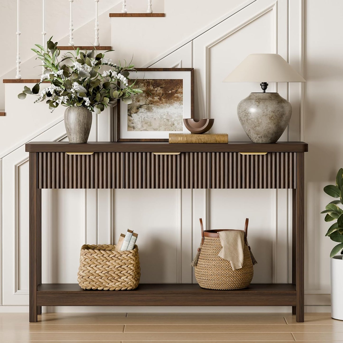 Lulive 51" Fluted Console Table for Entryway, Entryway Table with 3 Wooden Drawers, Farmhouse