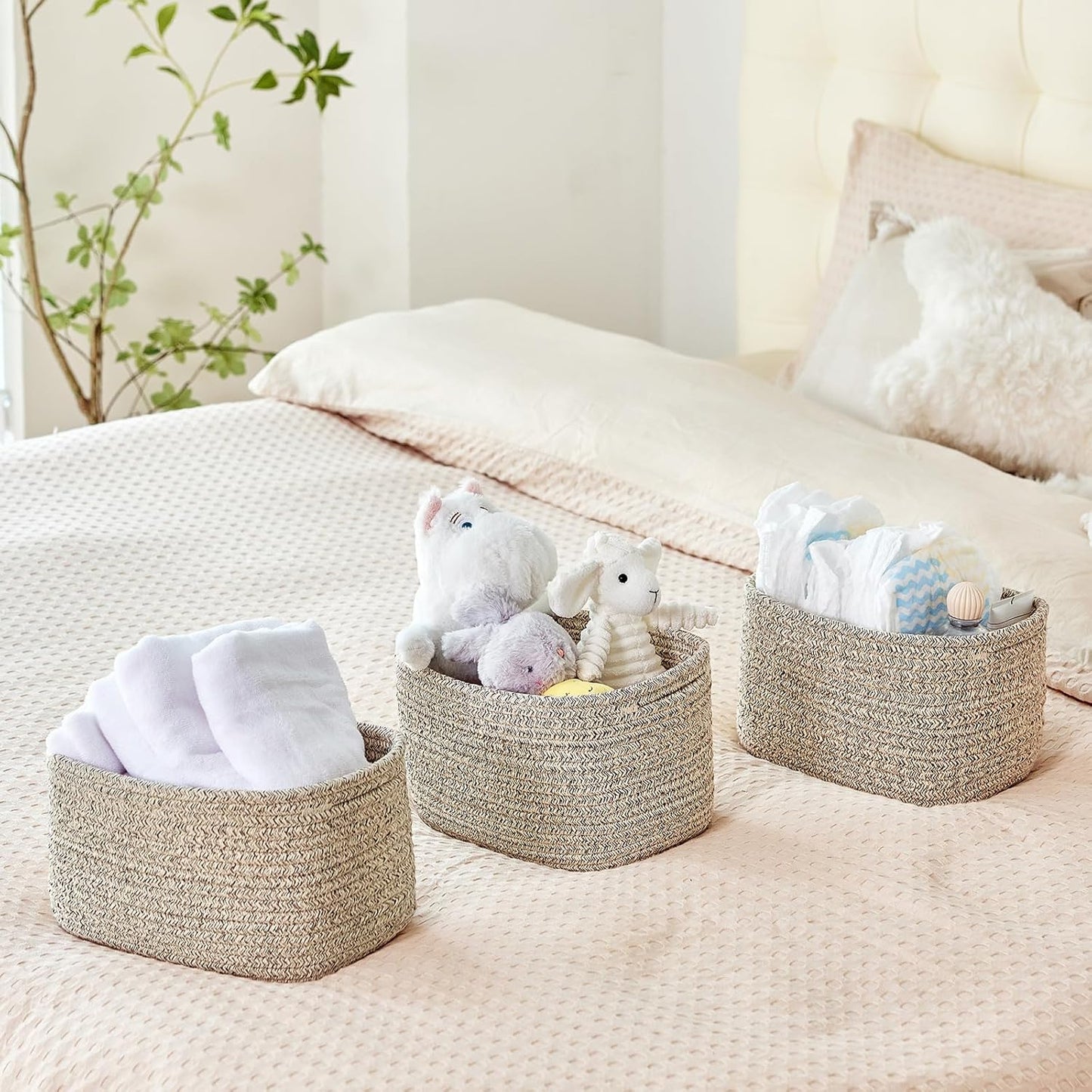 Small Cotton Rope Storage Basket Set of 3-11"x7"x7" Perfect Woven Baskets for Storage, Ideal