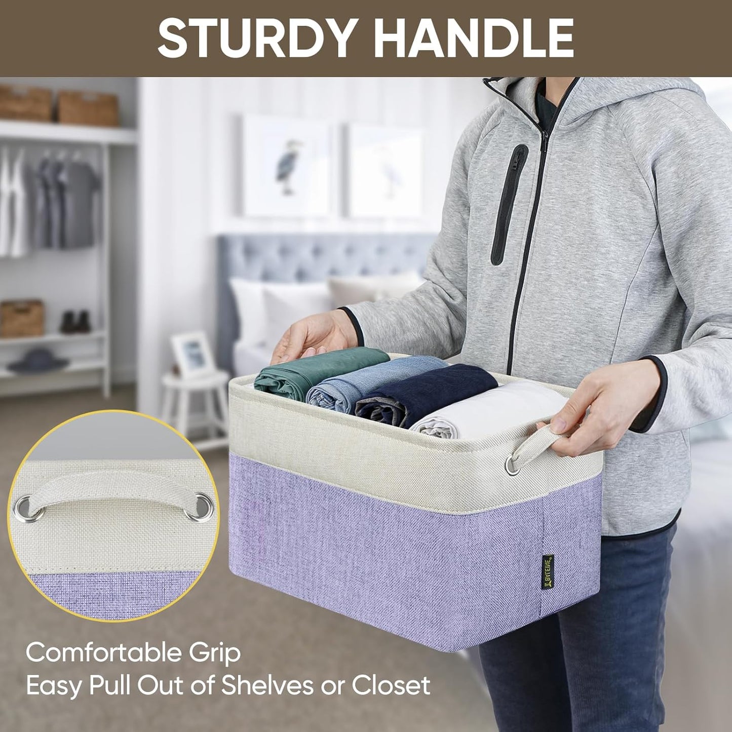 BALEINE 3 Pack Fabric Storage Bins for Shelves, Linen Storage Baskets for Organizing, Decorative