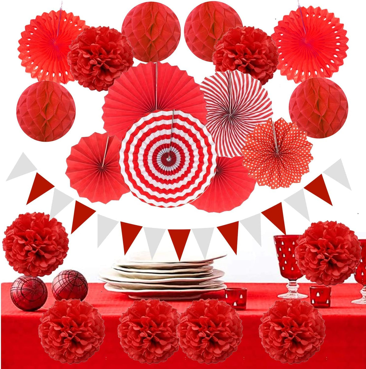 ZERODECO Party Decoration, 21 Pcs Red Hanging Paper Fans Pom Poms Flowers, Garlands String and