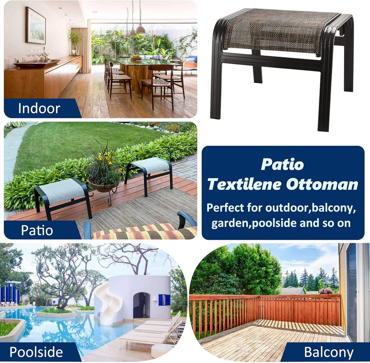 Outdoor Patio Foot Rest Ottoman Seat Textilene Portable Metal Footstool Portable Patio Chairs 2 Set