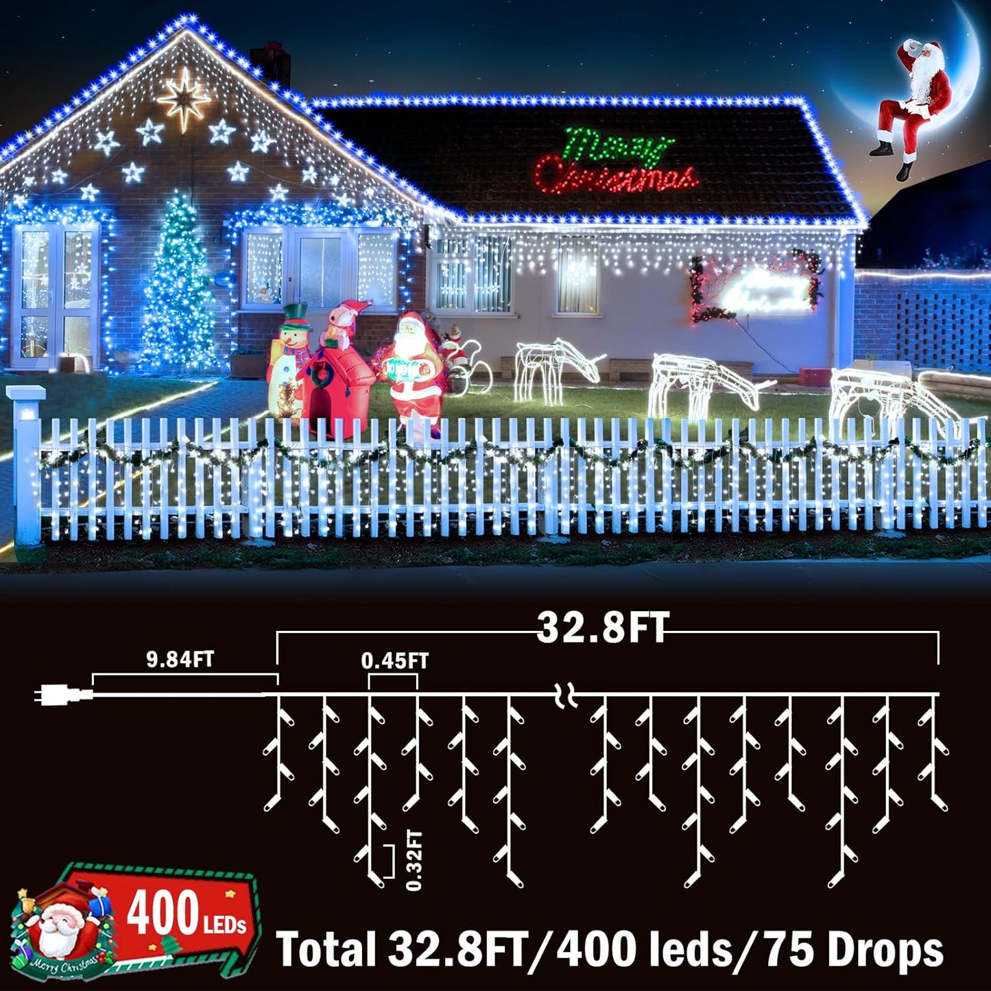 KNONEW Christmas Lights Outdoor Decorations 400 LED 33ft 8 Modes Curtain Fairy String Light with 75