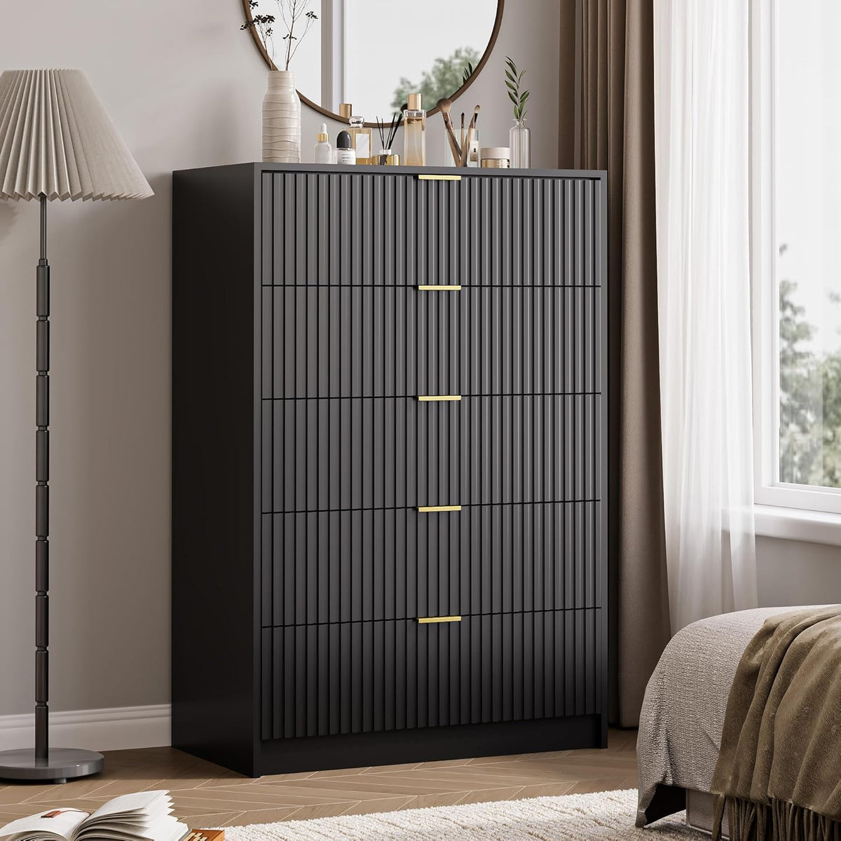 5 Drawer Dresser for Bedroom, Tall Dresser Chest of Drawers with Gold Handles, 32 Inch Wide