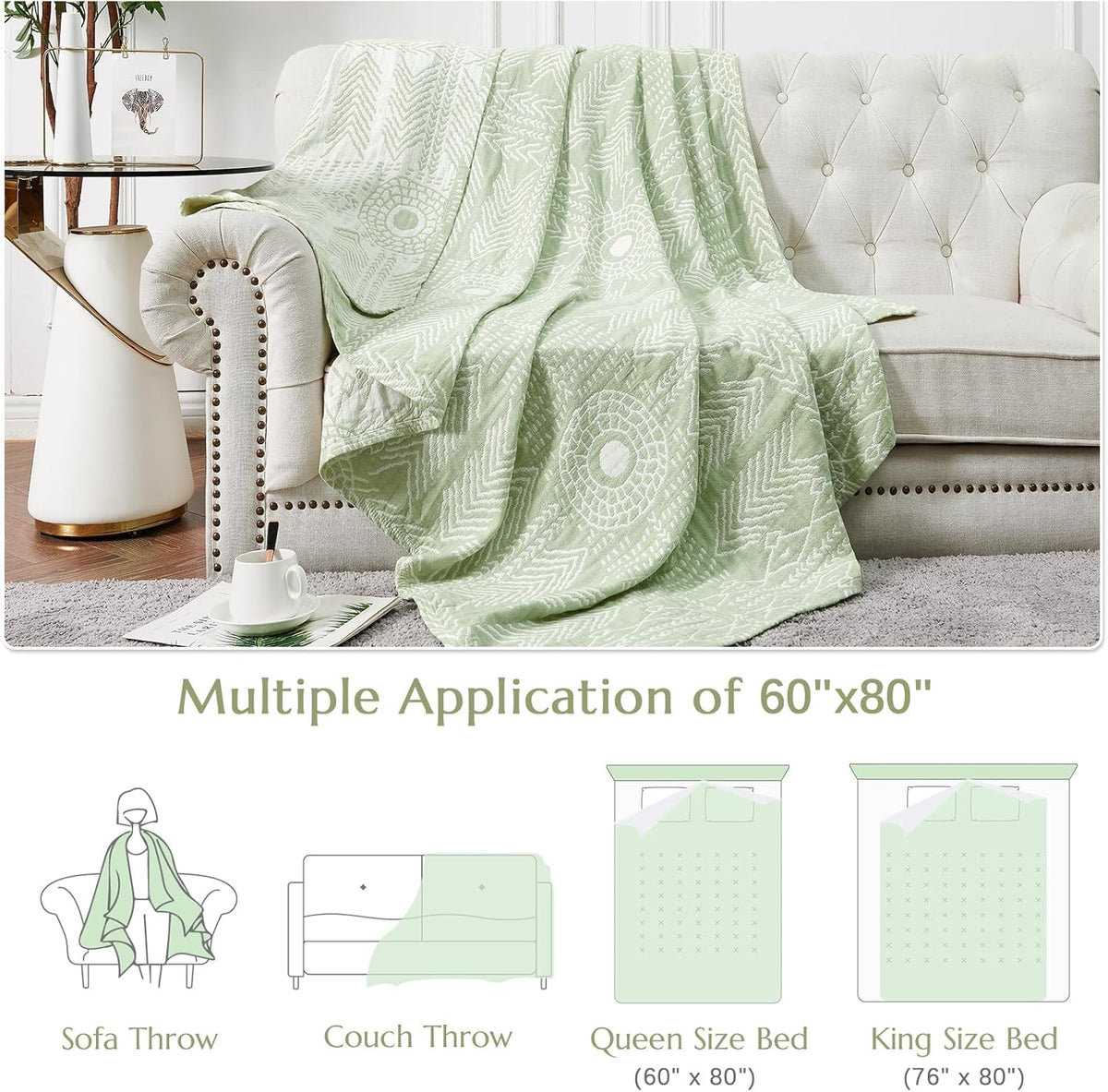 jinchan Boho 100% Cotton Blanket Muslin Lightweight Twin Size Throw Blanket Reversible for Couch