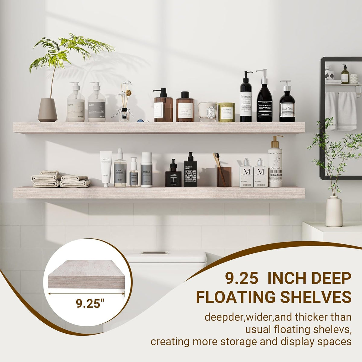 48 Inch Floating Shelves, 3D Textured Wood Grain, 48"x9.25"x1.5" Inch Deep Floating Shelves for