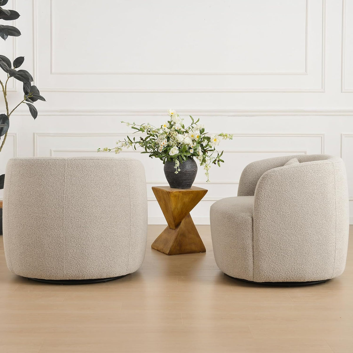 KINWELL 34" Wide Sherpa Swivel Barrel Chairs Set of 2, No Assembly Round Boucle Upholstered Accent
