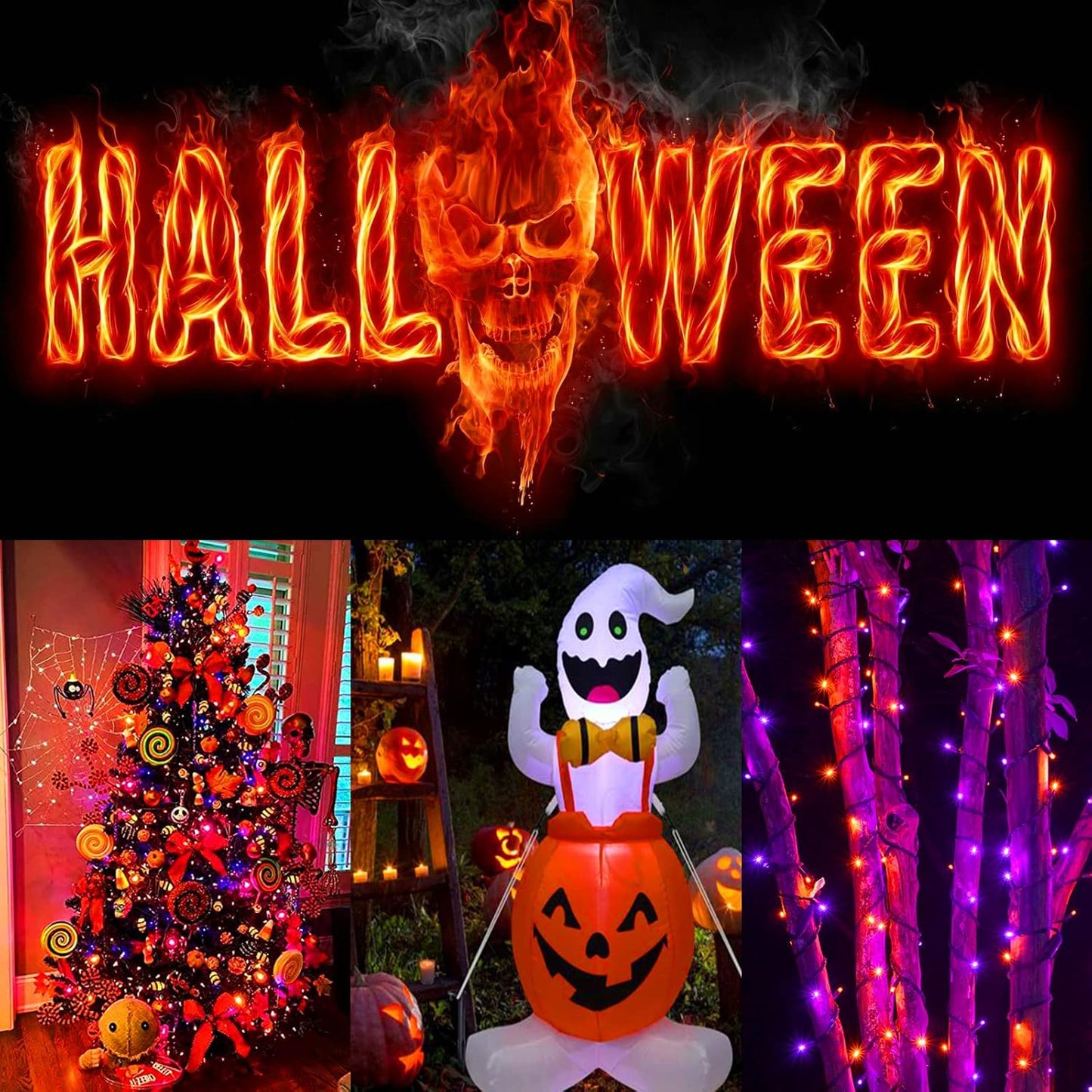 4pk Orange and Purple Solar Halloween Lights Outdoor Waterproof, 400LED 132FT Solar Powered LED