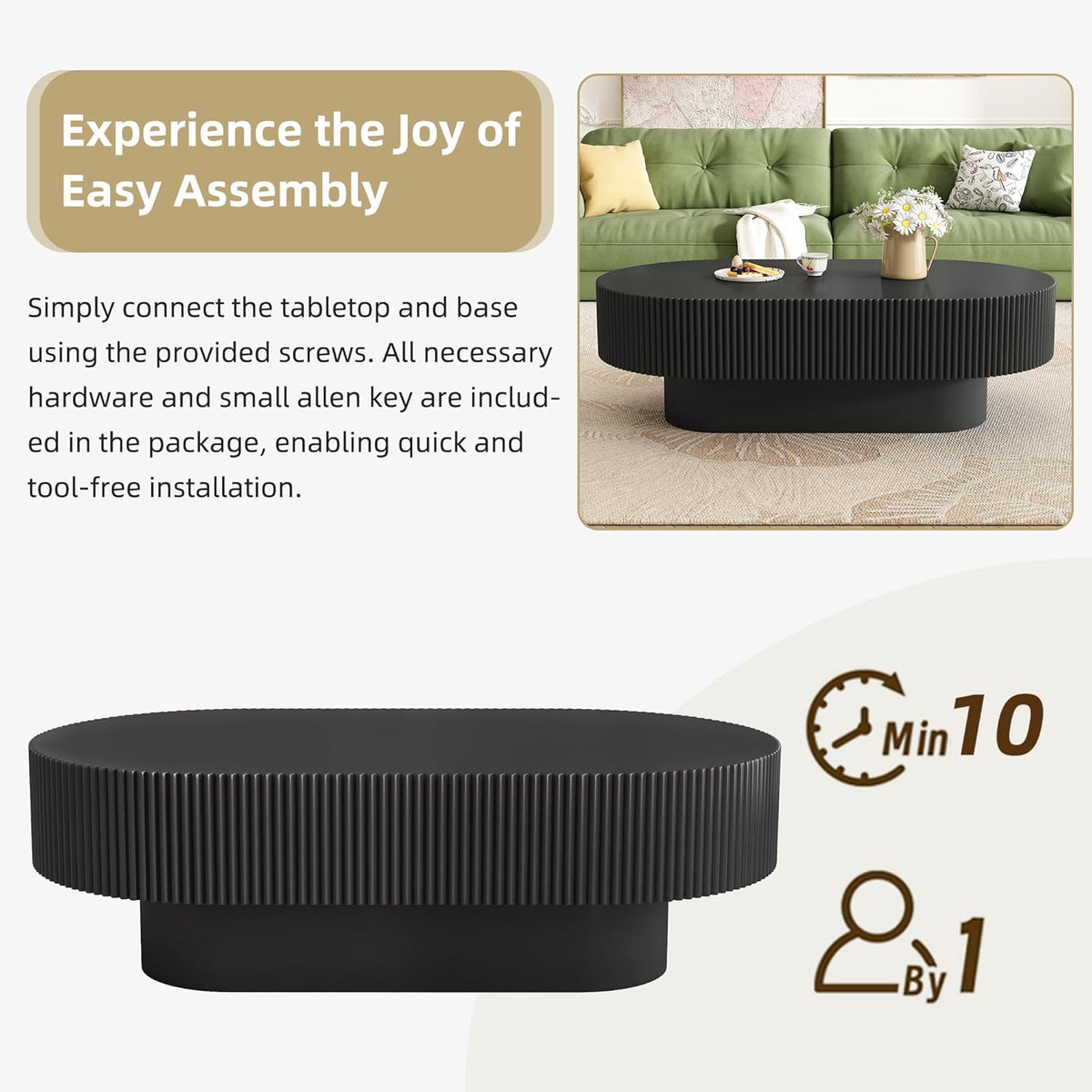 43.3" Oval Fluted Coffee Table Modern Elegant Drum End Table, Minimalist Center Table 7.8" Thick