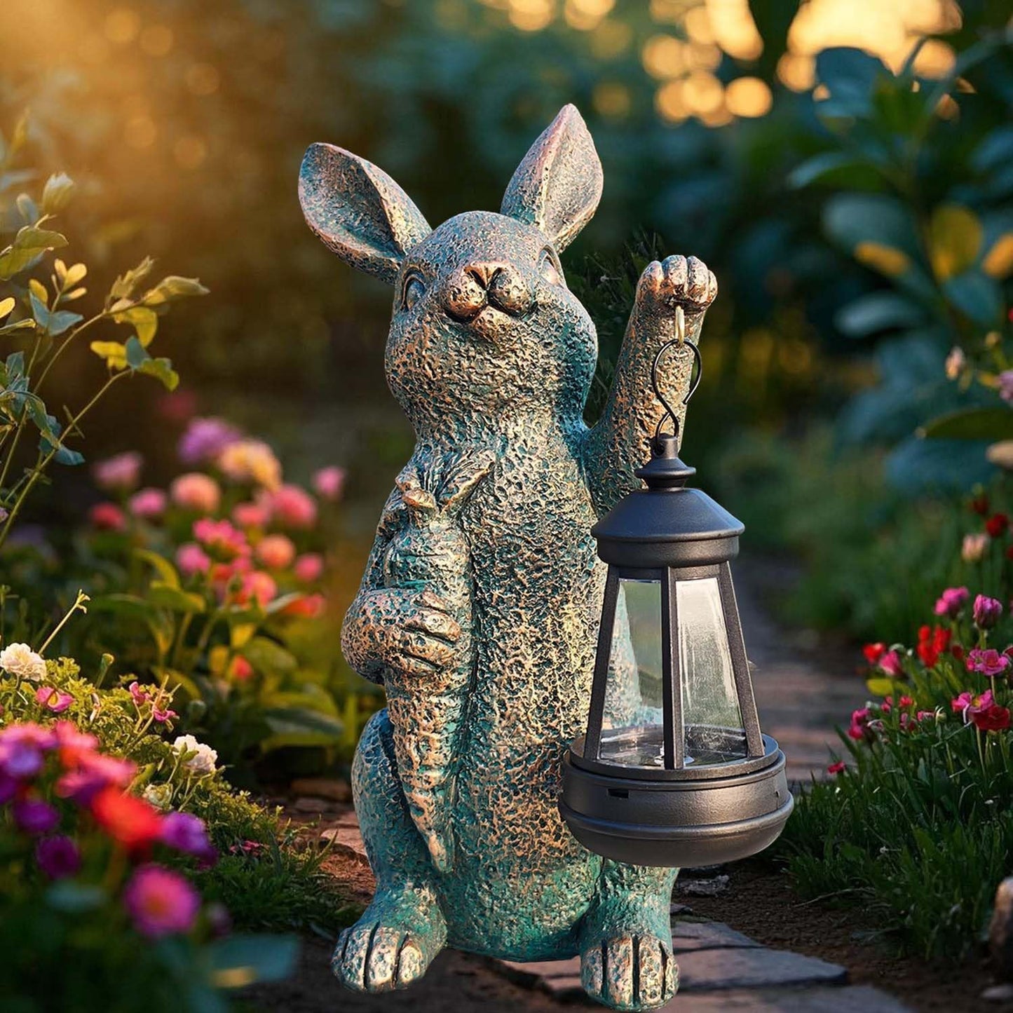 Solar Garden Statues -Rabbit Lantern Outdoor Handmade Resin Statue with LED Light, Cute Carrot