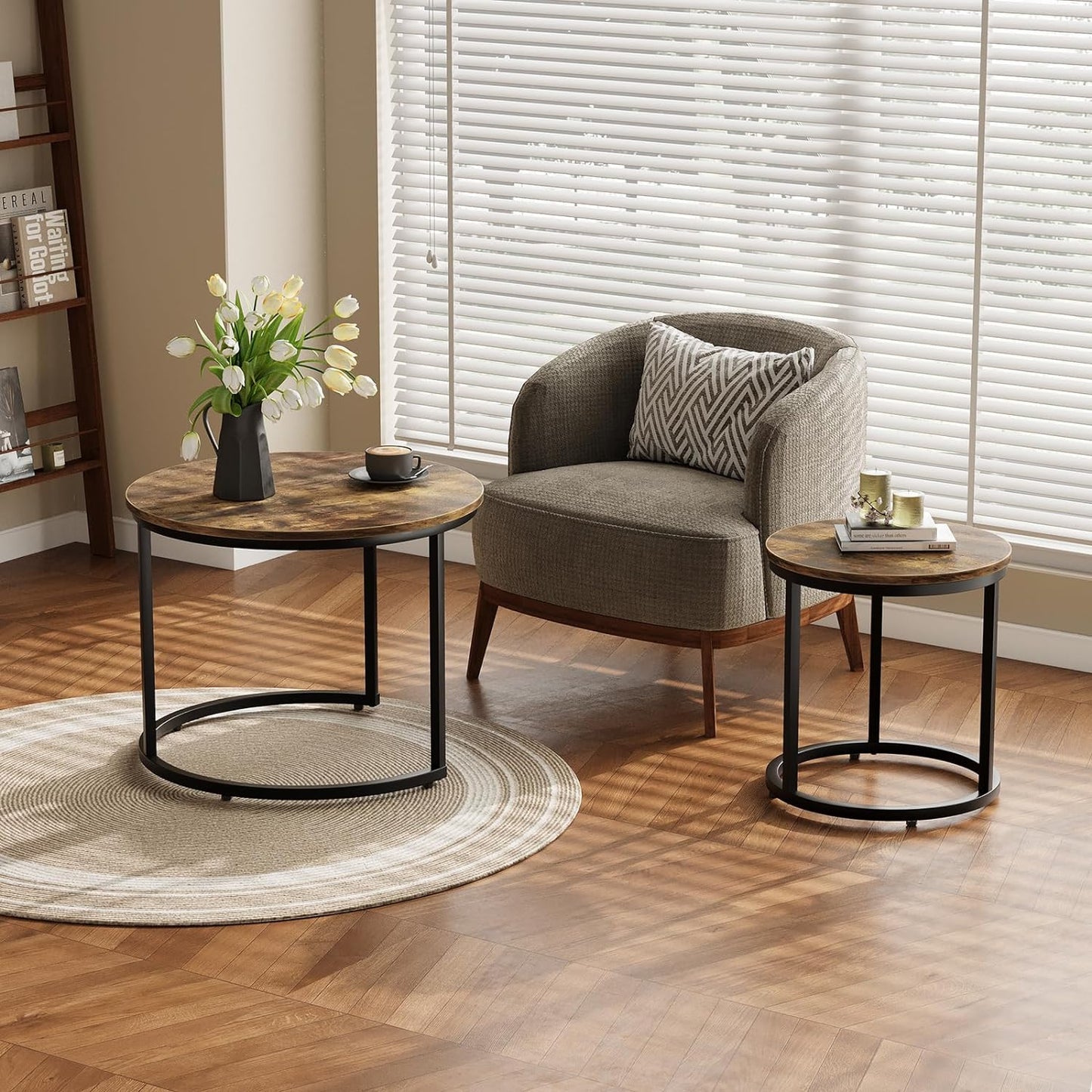 Smuxee Nesting Coffee Table Set of 2, 23.6" Round Coffee Table Rustic Wood Top with Adjustable