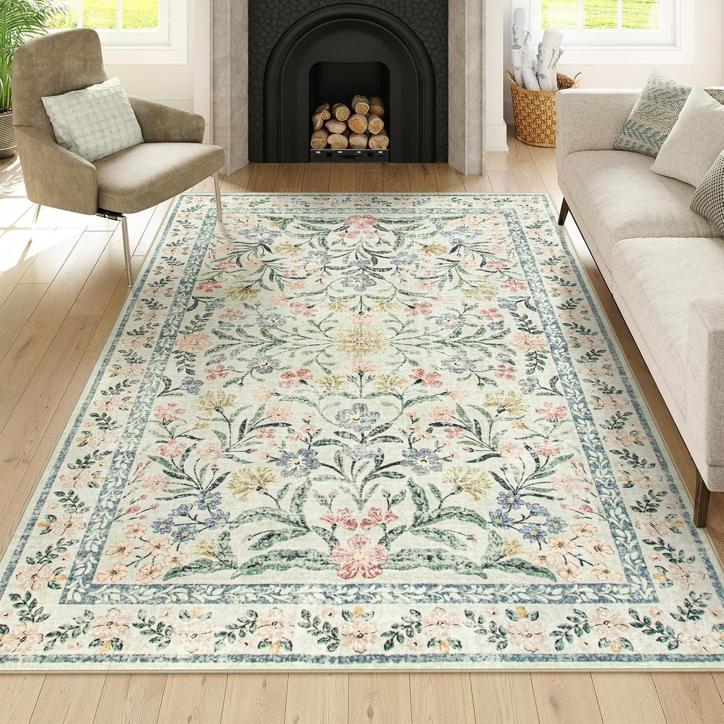 Wonnitar Washable 6x9 Area Rugs, Soft Floral Rug for Bedroom Kids Playroom Light Colored Carpet