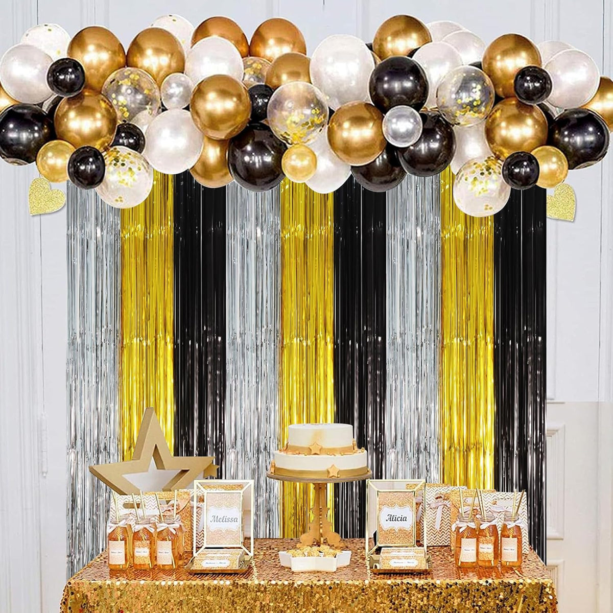 3 Pack 3.3 x 8.2 ft Black Gold Silver Foil Fringe Backdrop Curtains, Tinsel Streamers Party