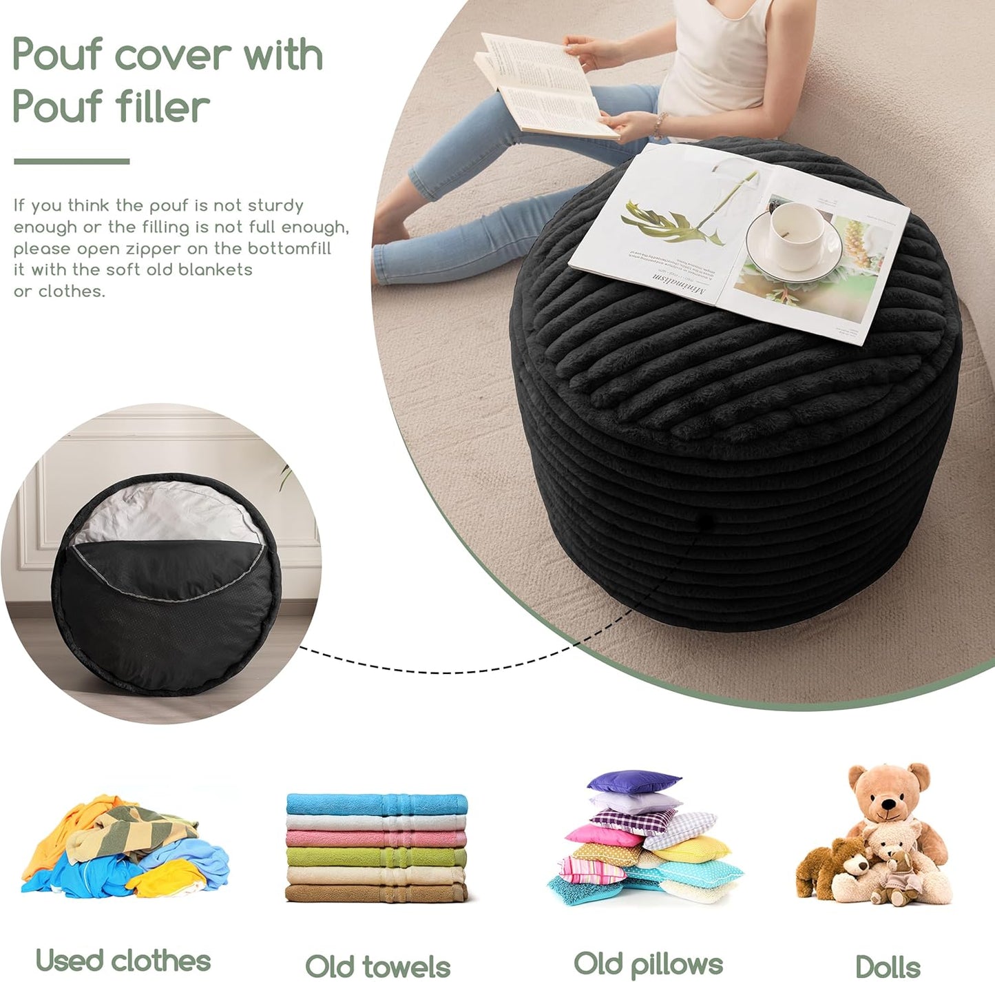 HIGOGOGO Round Stuffed Pouf Ottoman, Corduroy Poufs with High-Density Foam Filling, Furry and