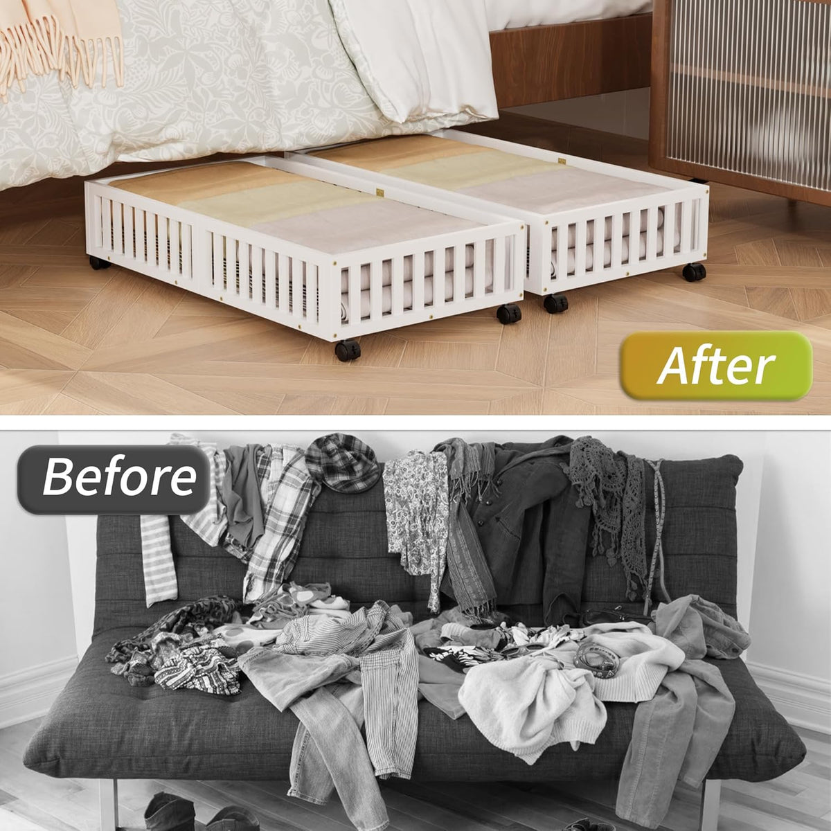 Bamboo Under Bed Storage with Wheels (2-Pack) – Rolling Underbed Shoe Organizer Box for Shoes