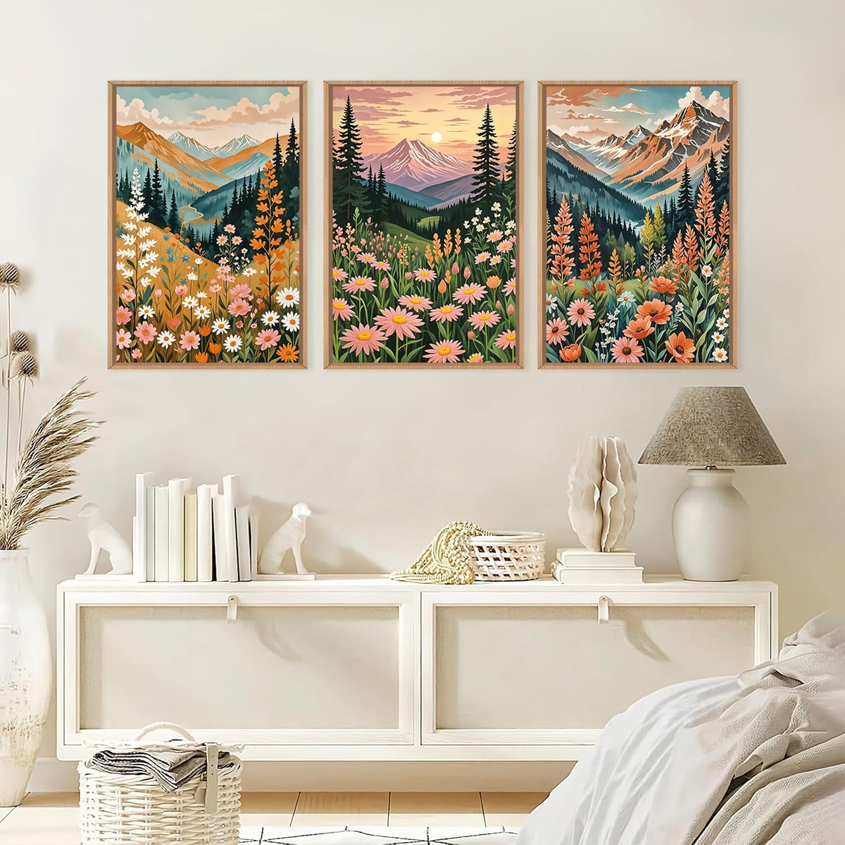 HPINUB Mountain Sunset Floral Framed Canvas Wall Art Set,Colorful Wildflower Daisy Flower Wall
