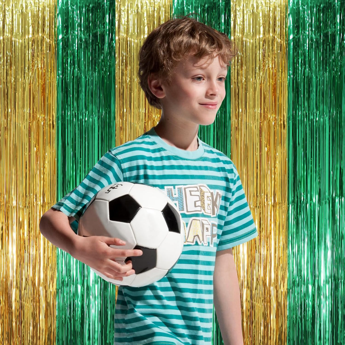 3 Pack 3.3 x 8.2 ft Green and Gold Foil Fringe Backdrop Curtains, Tinsel Streamers Party