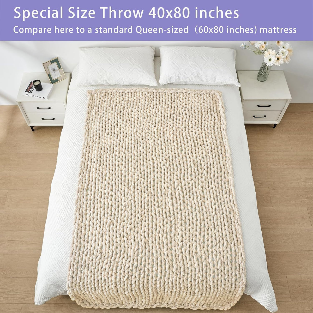 Bigacogo Chunky Knit Throw Blanket for Couch, 40x80 inches, 100% Hand Knitted with Thick Jumbo