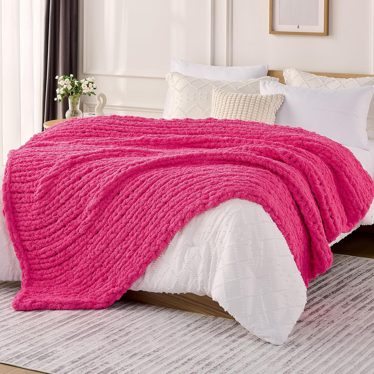 L'AGRATY Chunky Knit Blanket Throw: 60''x80'' Chenille Chunky Knitted Throw Blanket for Bed Couch