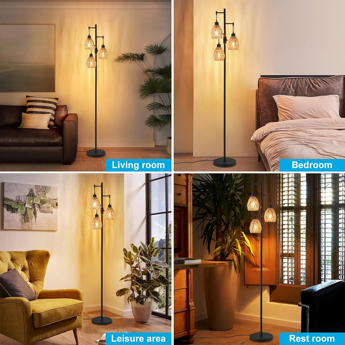 Boho Rattan Floor Lamp-Standing Lamps for Living Room 70'' Dimmable Floor Lamp with Cage Shade