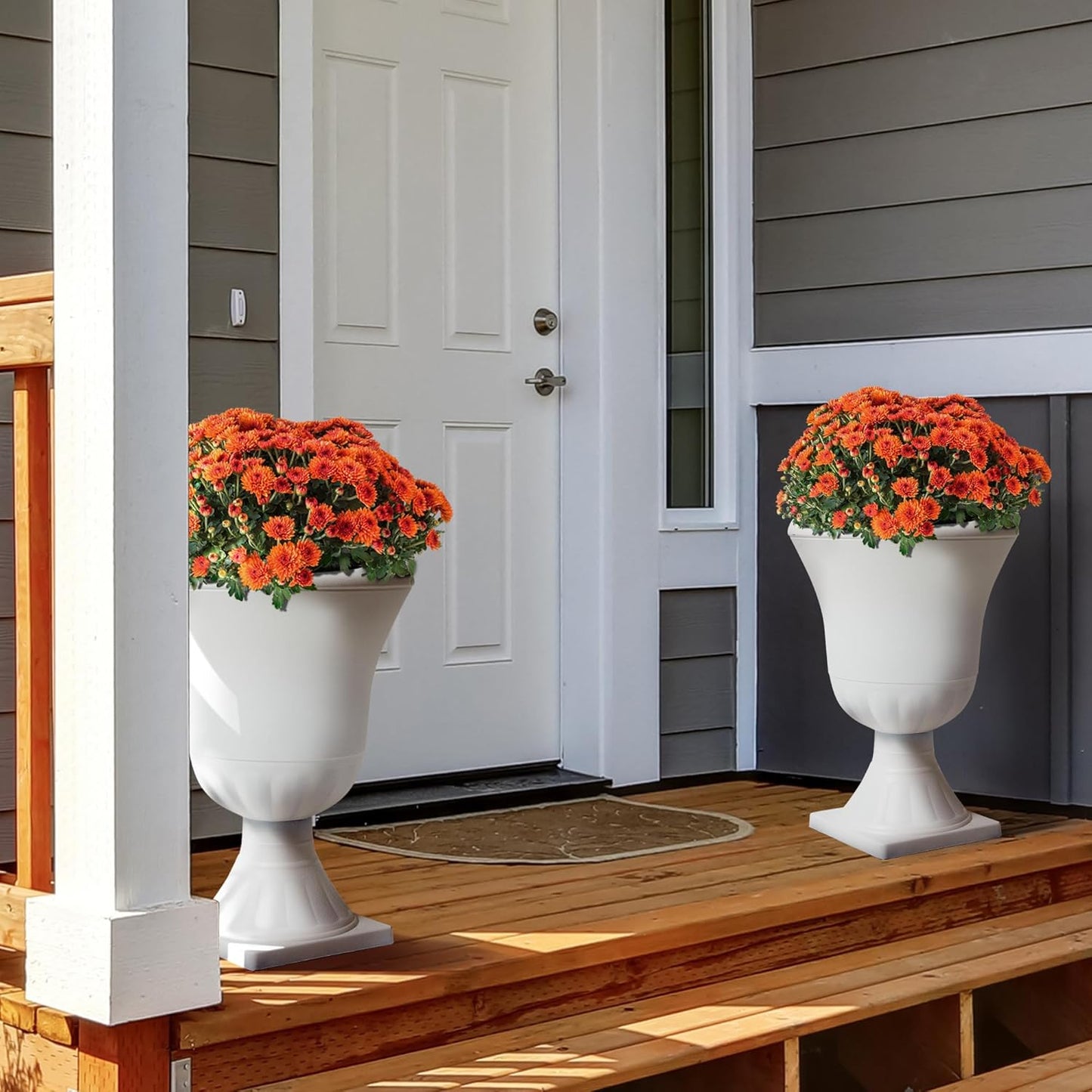 Worth Garden 2-Pack Plastic Urn Planters - 22'' Tall Round Classic Resin Flower Pots Pure White