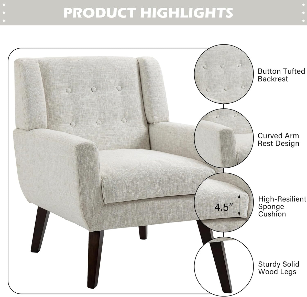 UIXE Accent Chair, Modern Upholstered Armchair in Fabric for Living Room, Comfy Club Arm Chairs
