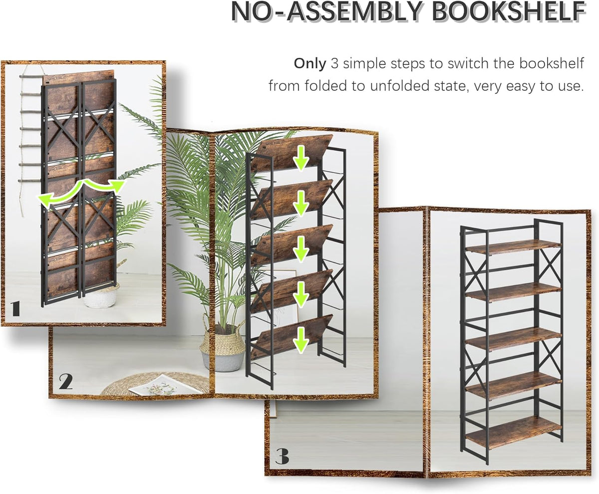 4NM 5 Tiers No Assembly Book Shelves, 51.2" H Folding Bookshelf Bookcase Open Industrial Foldable