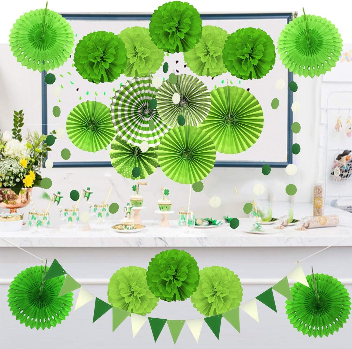 ZERODECO Party Decoration, 21 Pcs Green Hanging Paper Fans, Pom Poms Flowers, Garlands String Polka