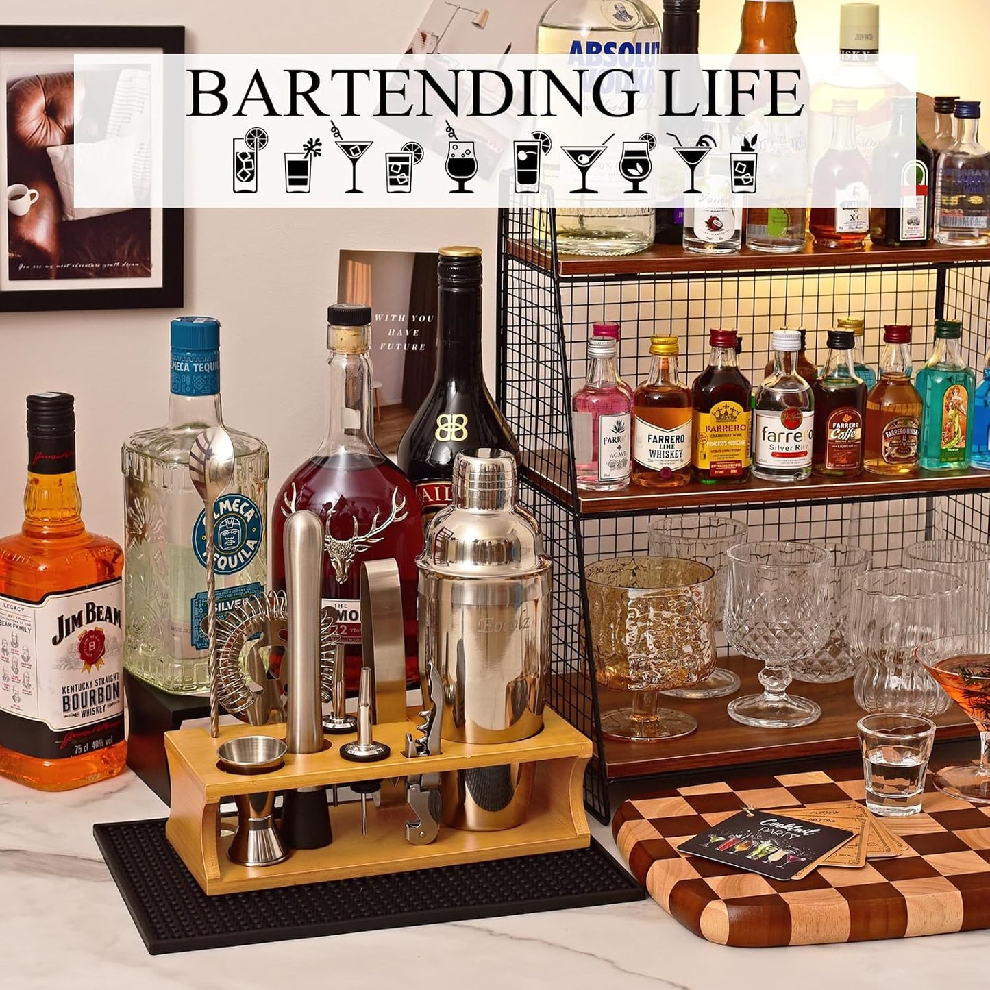 Bartender Kit Cocktail Shaker Set with Stand Bar Tool Bar Set for Drink Mixing Home Bartending Kit