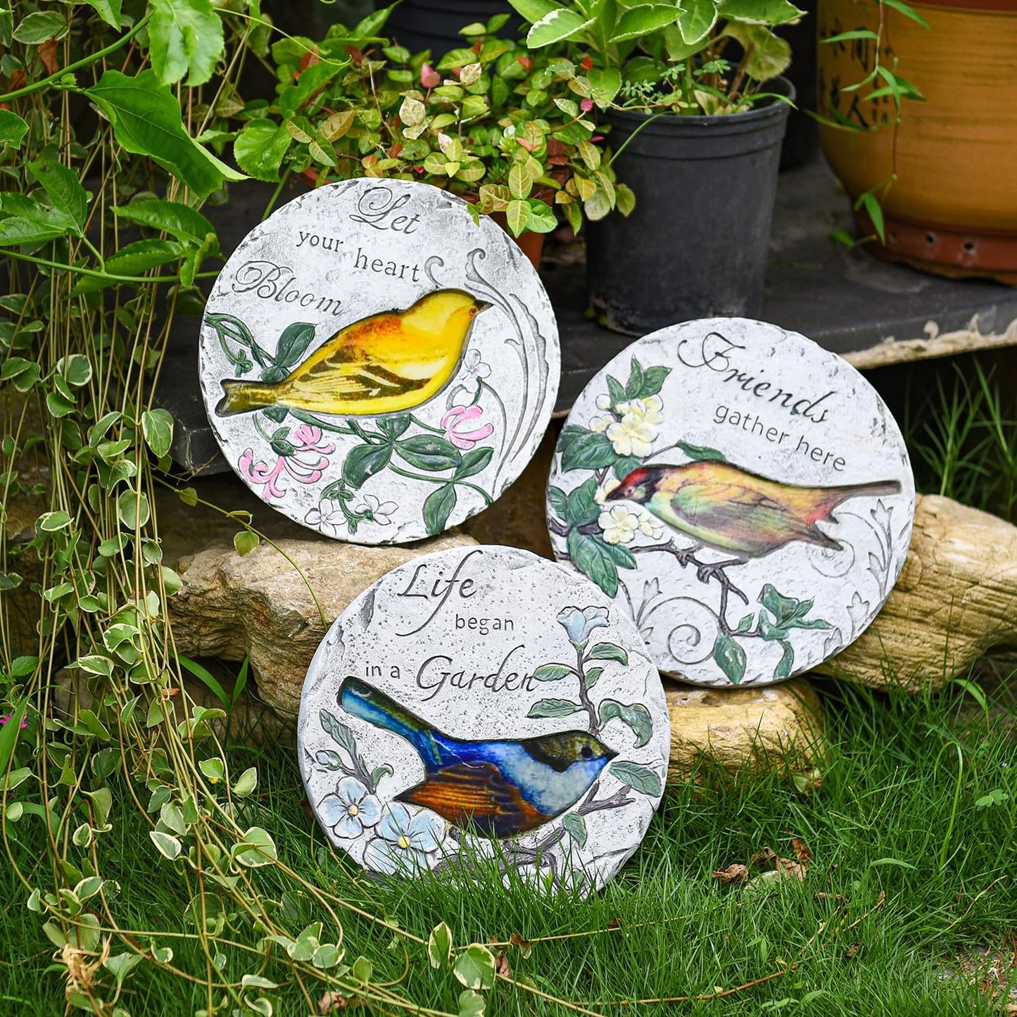 Sungmor 3PC Pretty Garden Stepping Stones, 9.5" Large Concrete Decorative Stones with Beautiful