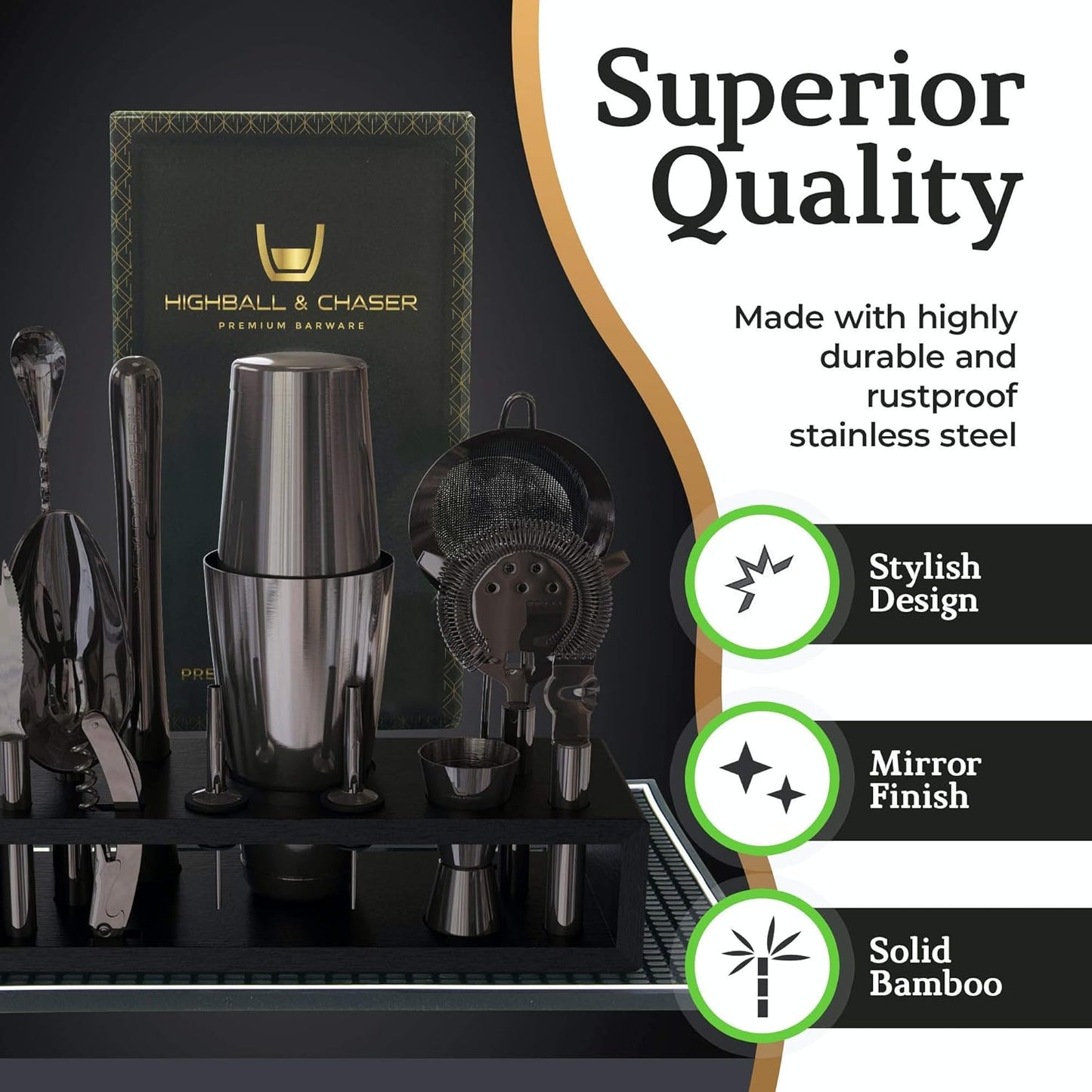Highball & Chaser 13-Piece Gunmetal Black Stainless Steel Boston Cocktail Shaker Bar Tool Set with