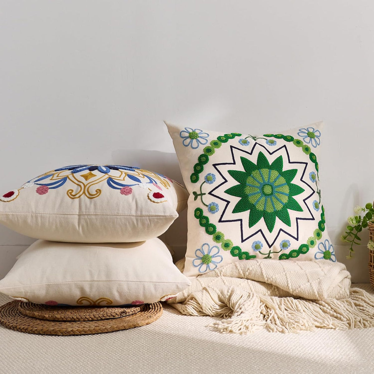 Embroidered Throw Pillow Cover 18x18 Classic Boho Floral Pattern Pillows Cover Outdoor Decorative