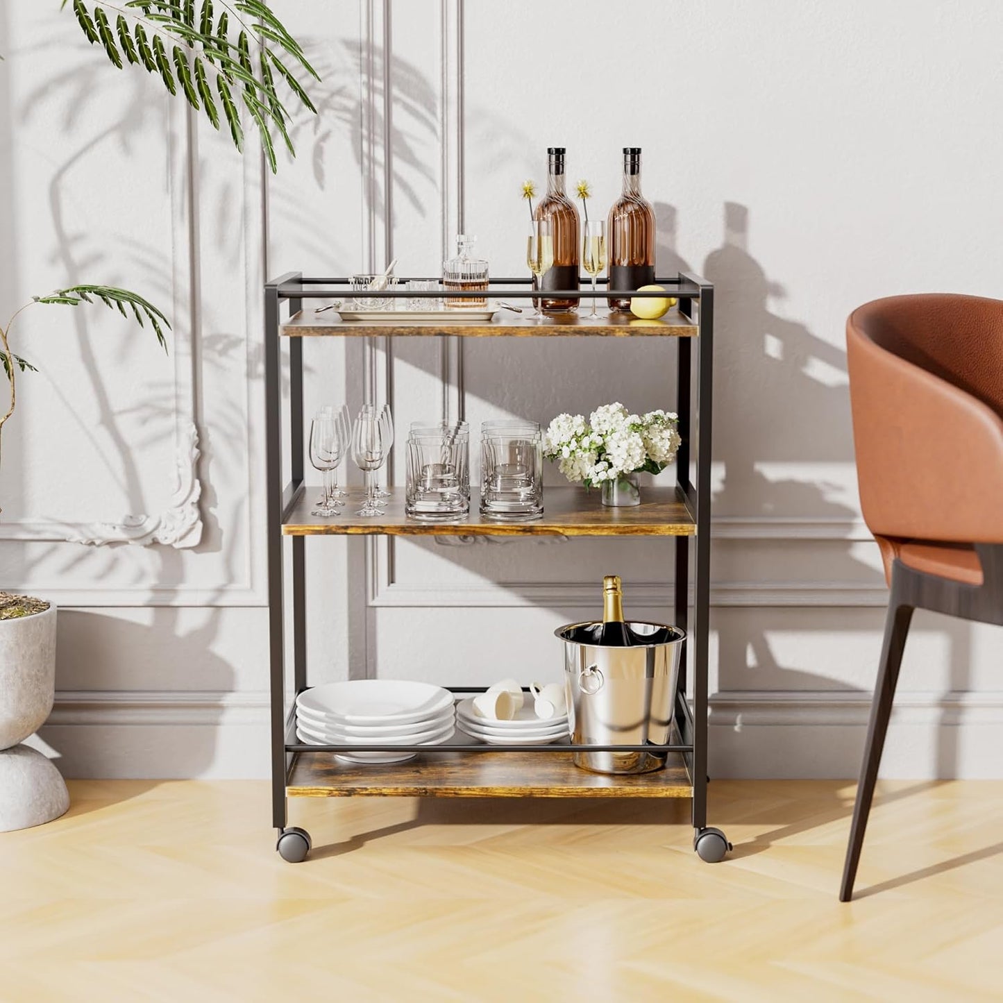 HITNET Bar Cart for The Home, Home Bar Serving Cart with Wheels and Storage Shelves, 3 Tier Rolling