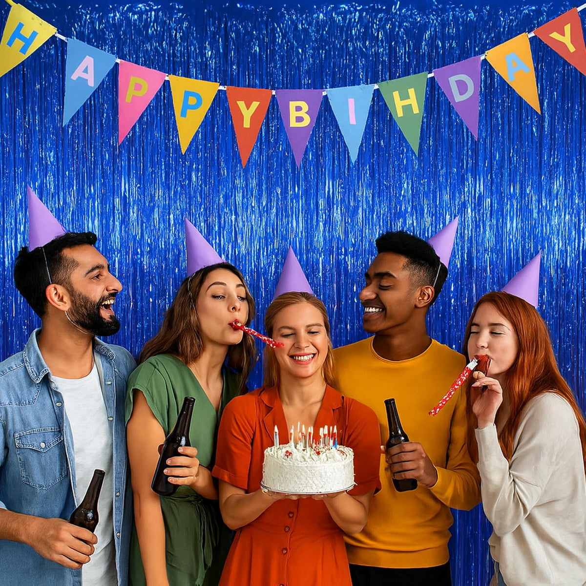 3 Pack 3.3x8.2 Feet Blue Foil Fringe Backdrop Curtains, Tinsel Streamers Birthday Party