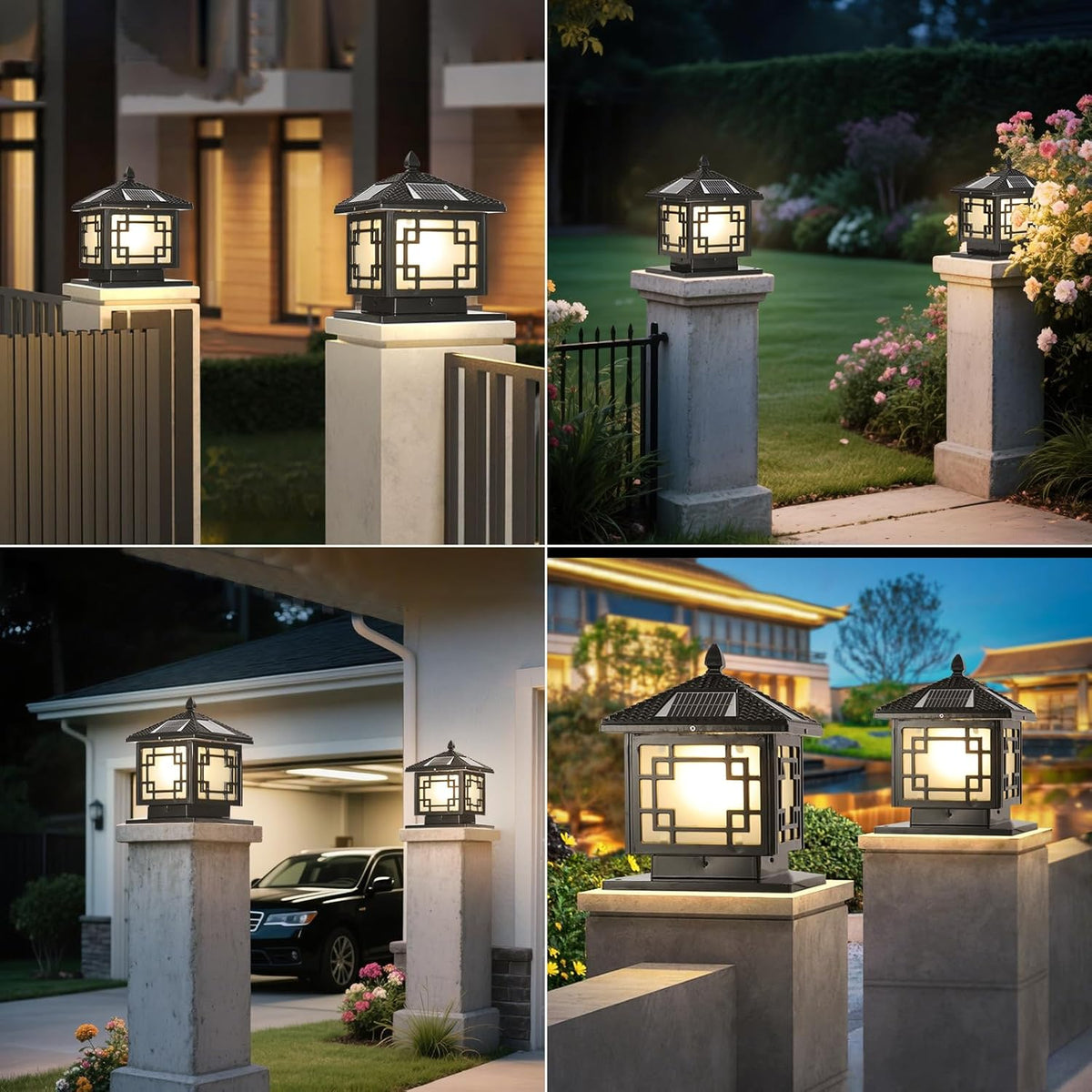 SLAWA 9.8In Solar Lighting Lantern Outdoor Post Caps Light with Solar Powered LED Column Lamp Black