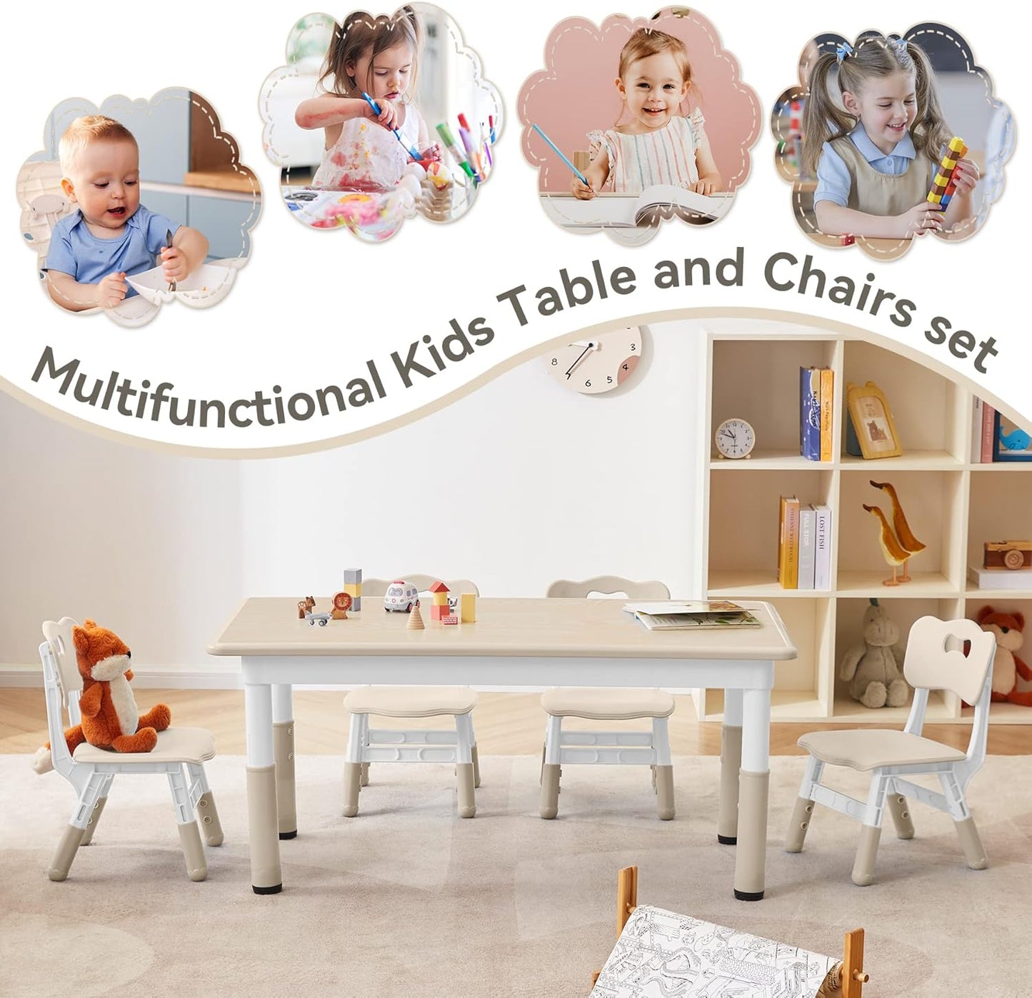 Kids Study Table and Chairs Set, Height Adjustable Toddler Table and Chair Set for Kids Ages 3-8