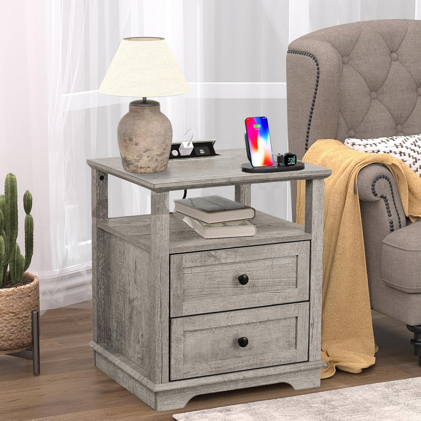 HIFYOBRO End Table with 2 Drawers and Charging Station, Type-C & USB Port & Power outlets, Wooden