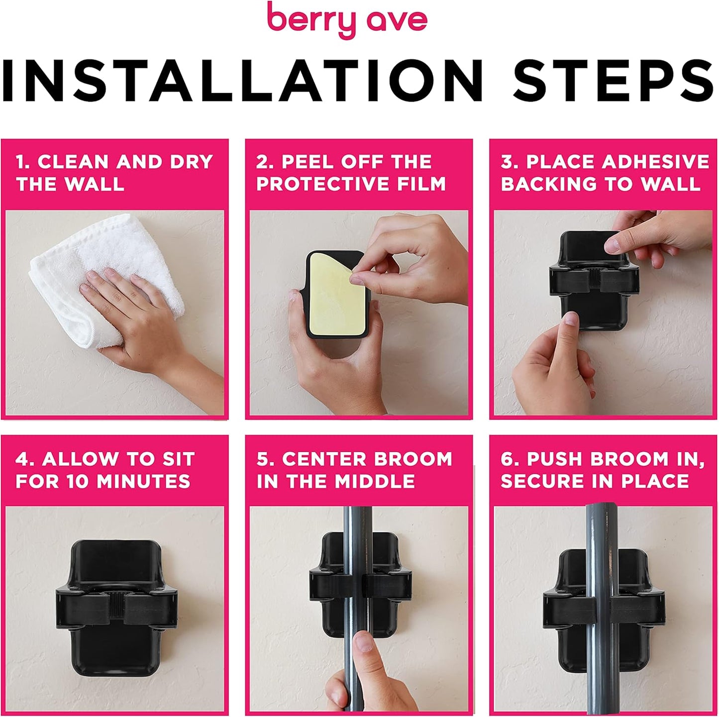 Combo 5 Slot Broom Holder w/ 1 Self Adhesive Mop Gripper No-Drilling, Wall Mount Tool Organizers