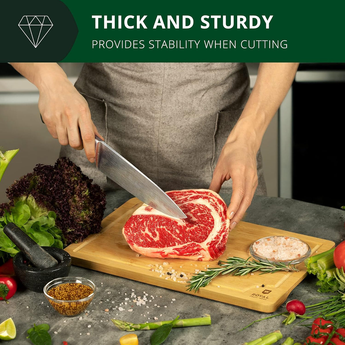 Chopping Board Set of 2 - Wooden Cutting Boards for Kitchen Meal Prep & Serving - Bamboo Wood