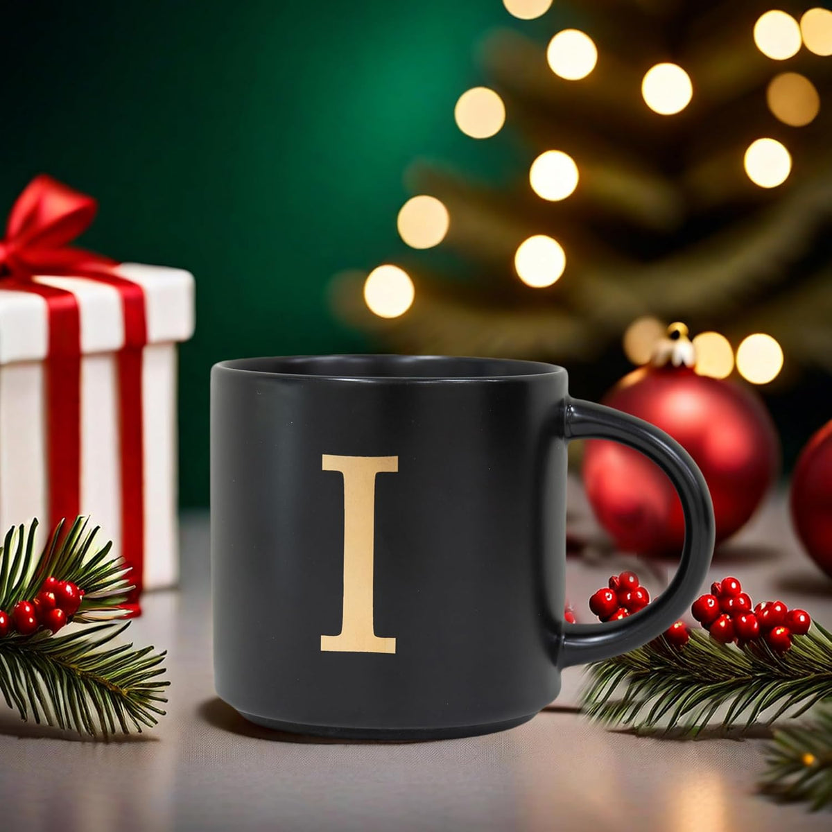 COLLECTIVE HOME - Monogram Ceramic Mugs, 15 oz Golden Initial Black Coffee Cups, Elegant Alphabet