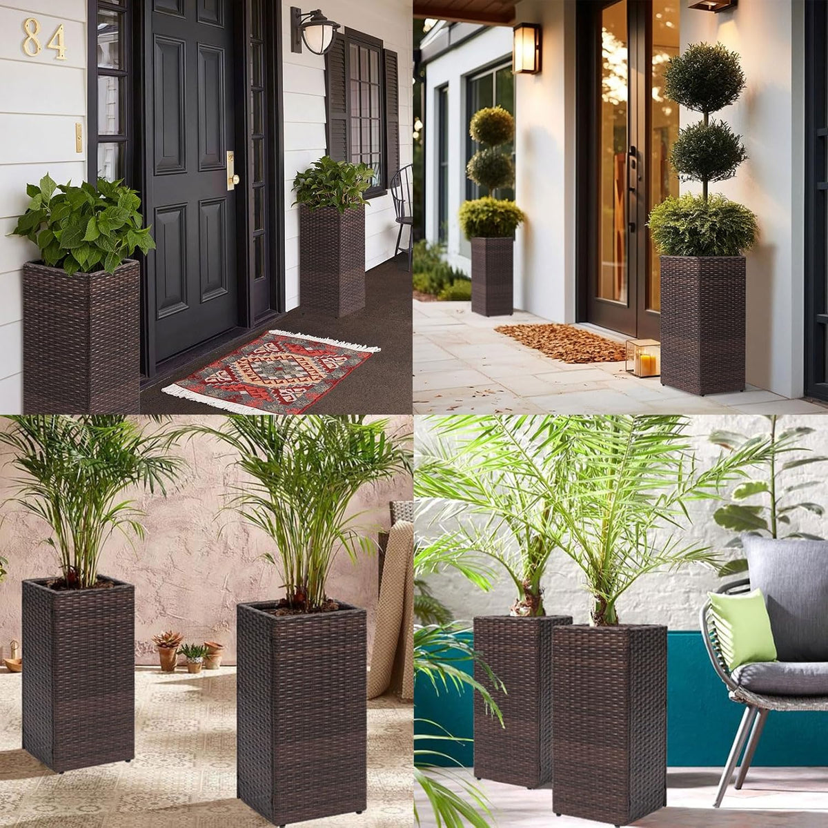 LEWIS&WAYNE Set of 2 Tall Planters for Outdoor Plants Handmade 24'' Wicker Tall Square Planter Box