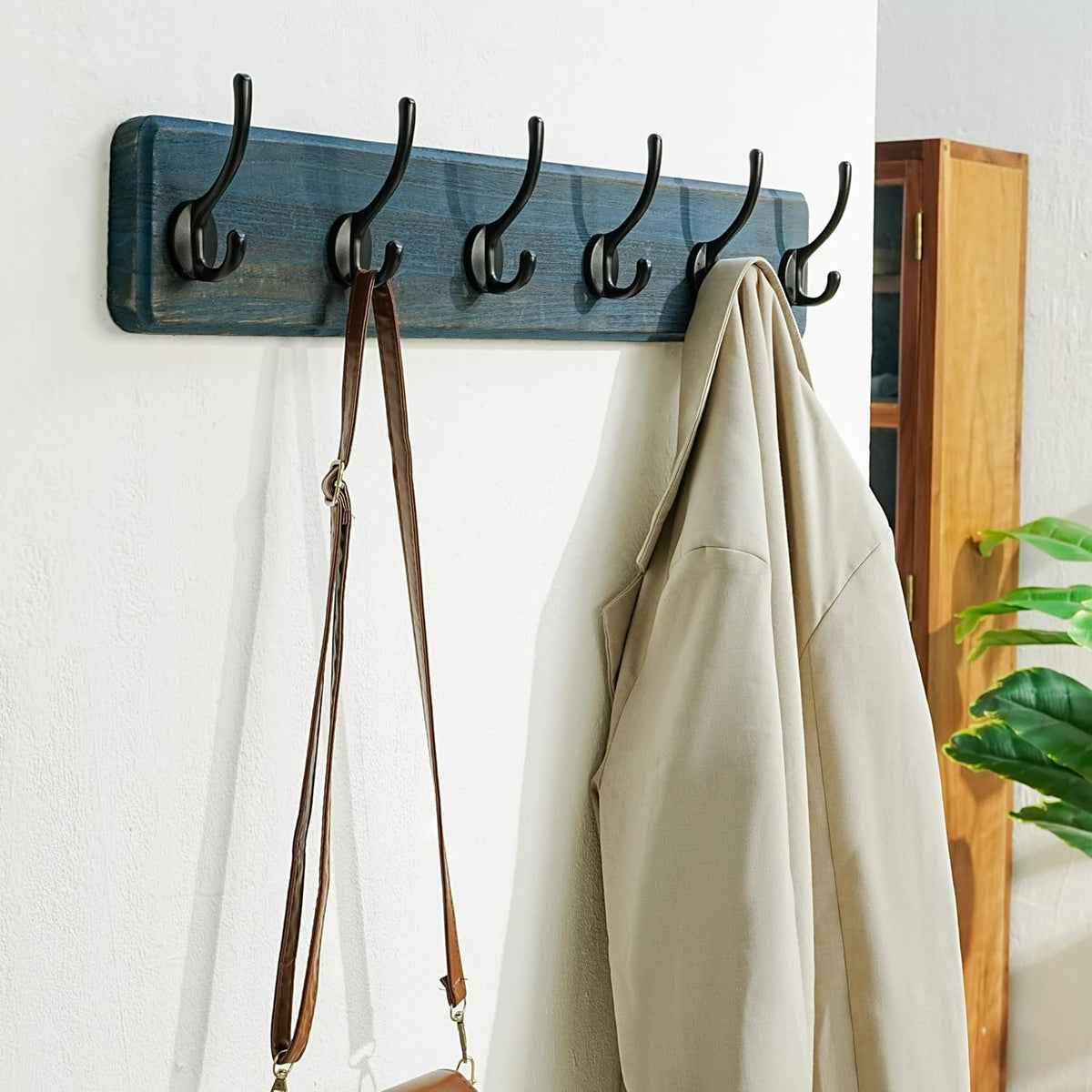 Dseap Coat Rack Wall: 24" Long, Patented, Heavy-Duty, 6-Double-Hooks Wooden Wall Mounted Coat Rack